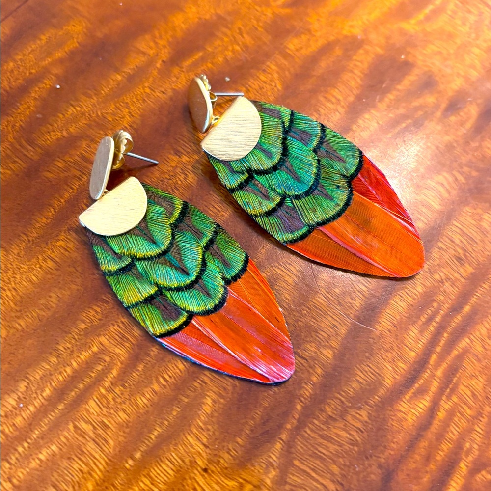 Green, Brown, and Gold Feather Drop Earrings - Brackish